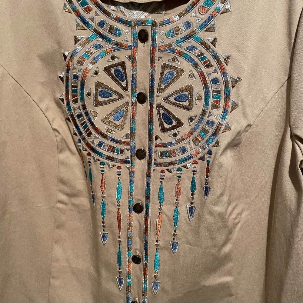 Bob Mackie Wearable Art Beige Button-Front Embellished Women's Top - Picture 2 of 8